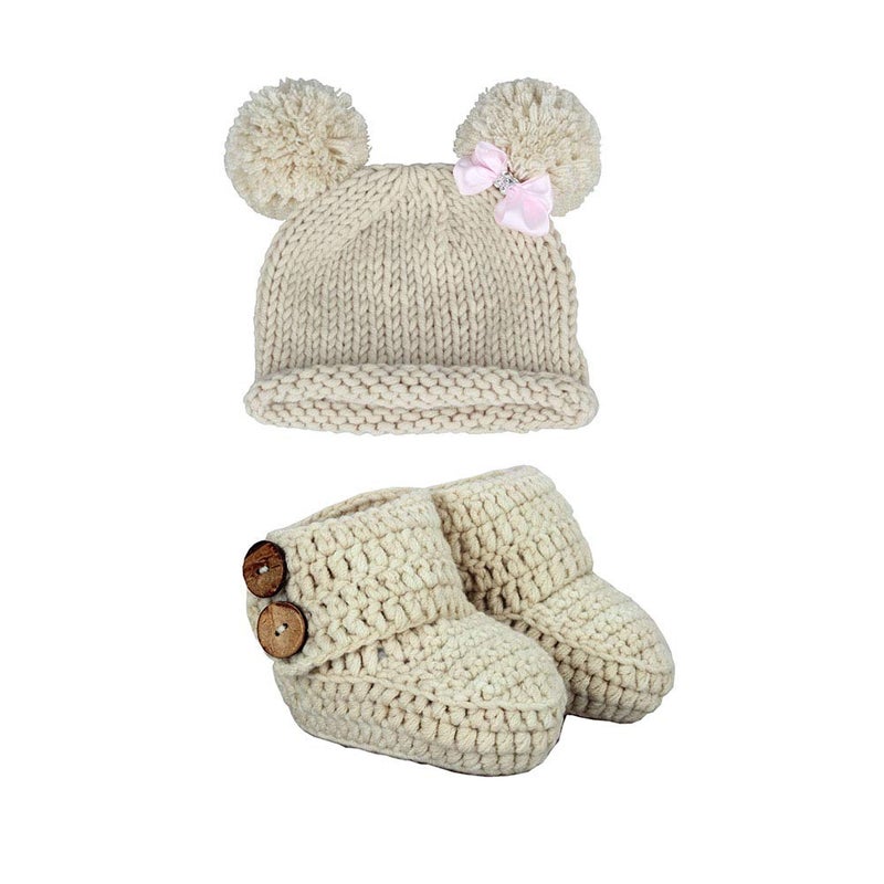 zefen Knit Crochet Baby Booties Newborn Socks and Hat a set of Handmade Shoes and cap - Image 1